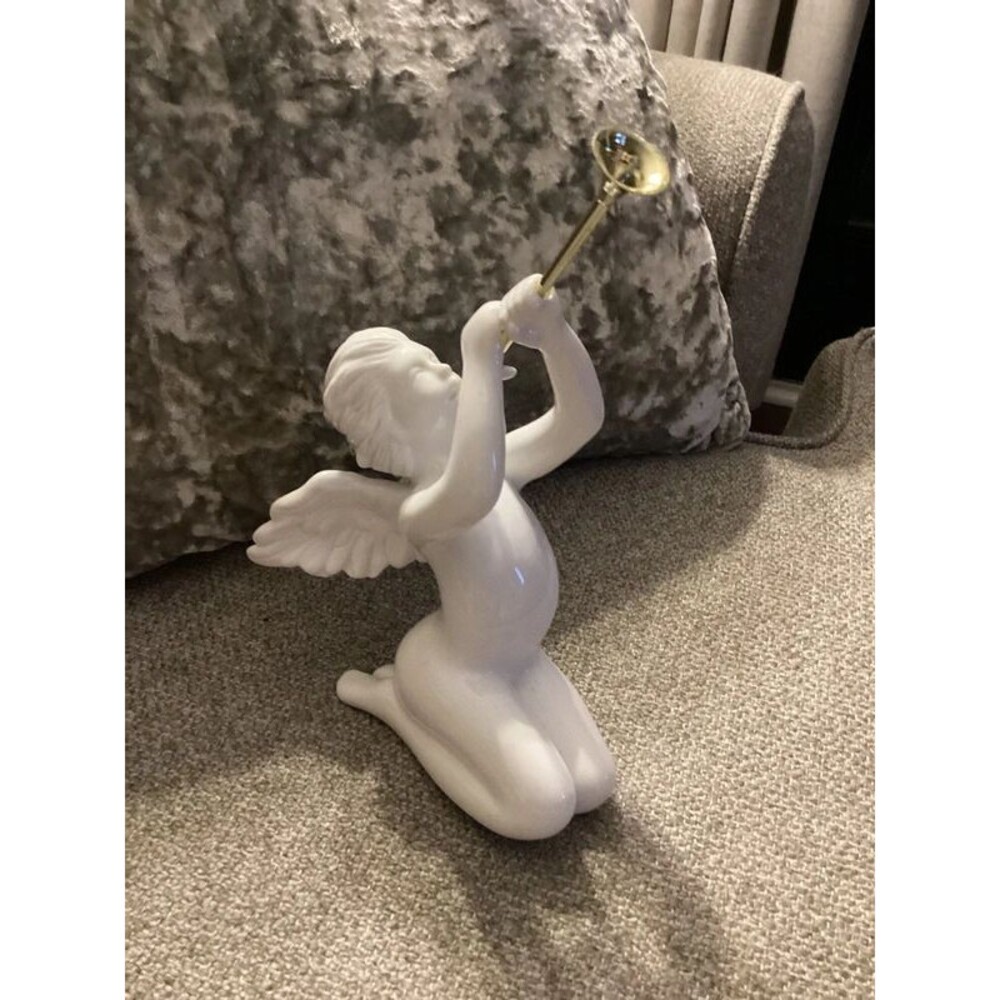 vintage white porcelain kneeling cherub angel figurine w removable brass trumpet